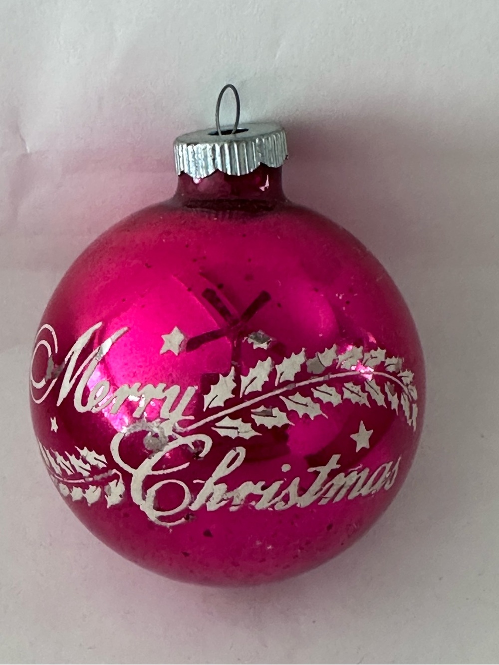 VINTAGE SHINY BRITE MERRY CHRISTMAS PINK STENCIL ORNAMENT 3"
